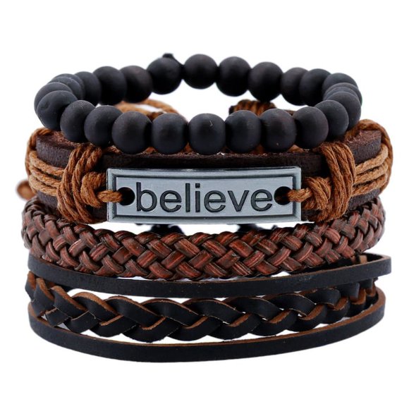 4pcs Men's Multilayer Leather Bracelet (Believe)  - ADJUSTABLE SIZE - Picture 1 of 5
